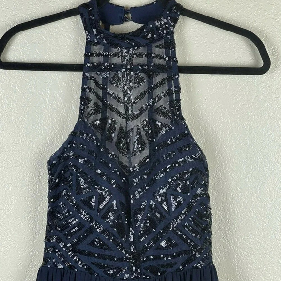 Speechless Dress Women's Sz 5 Fit & Flare Halter Backless Sequin Lined Blue - Picture 4 of 10